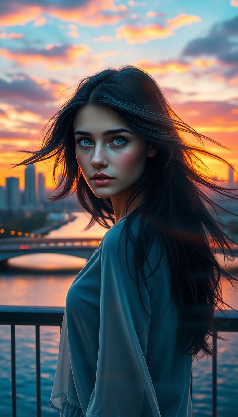 AI generated art for prompt: A photorealistic digital painting captures a young woman with piercing blue eyes gazing towards an e