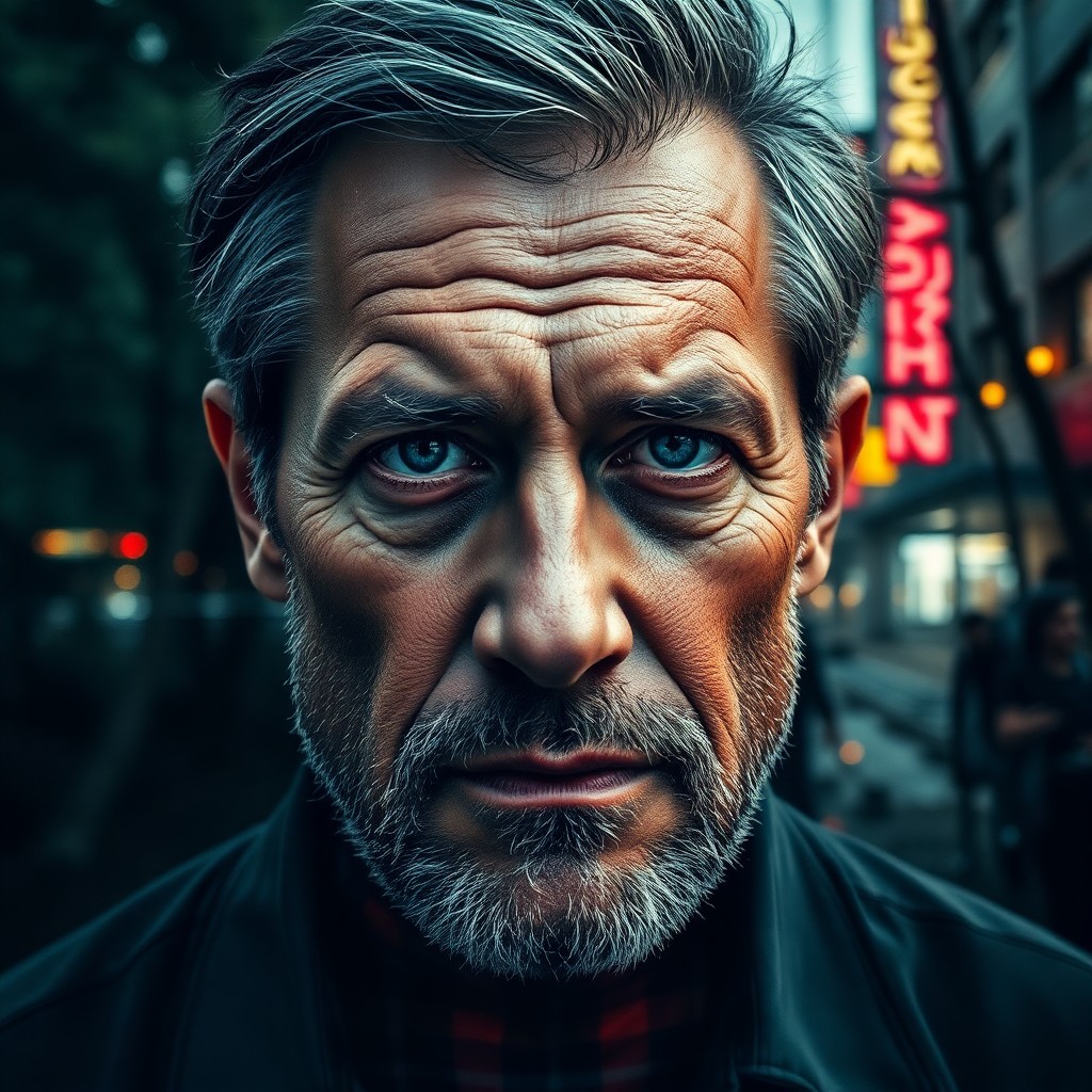 AI generated art for prompt: Craft a double exposure portrait of a middle-aged man with rugged features and piercing blue eyes am