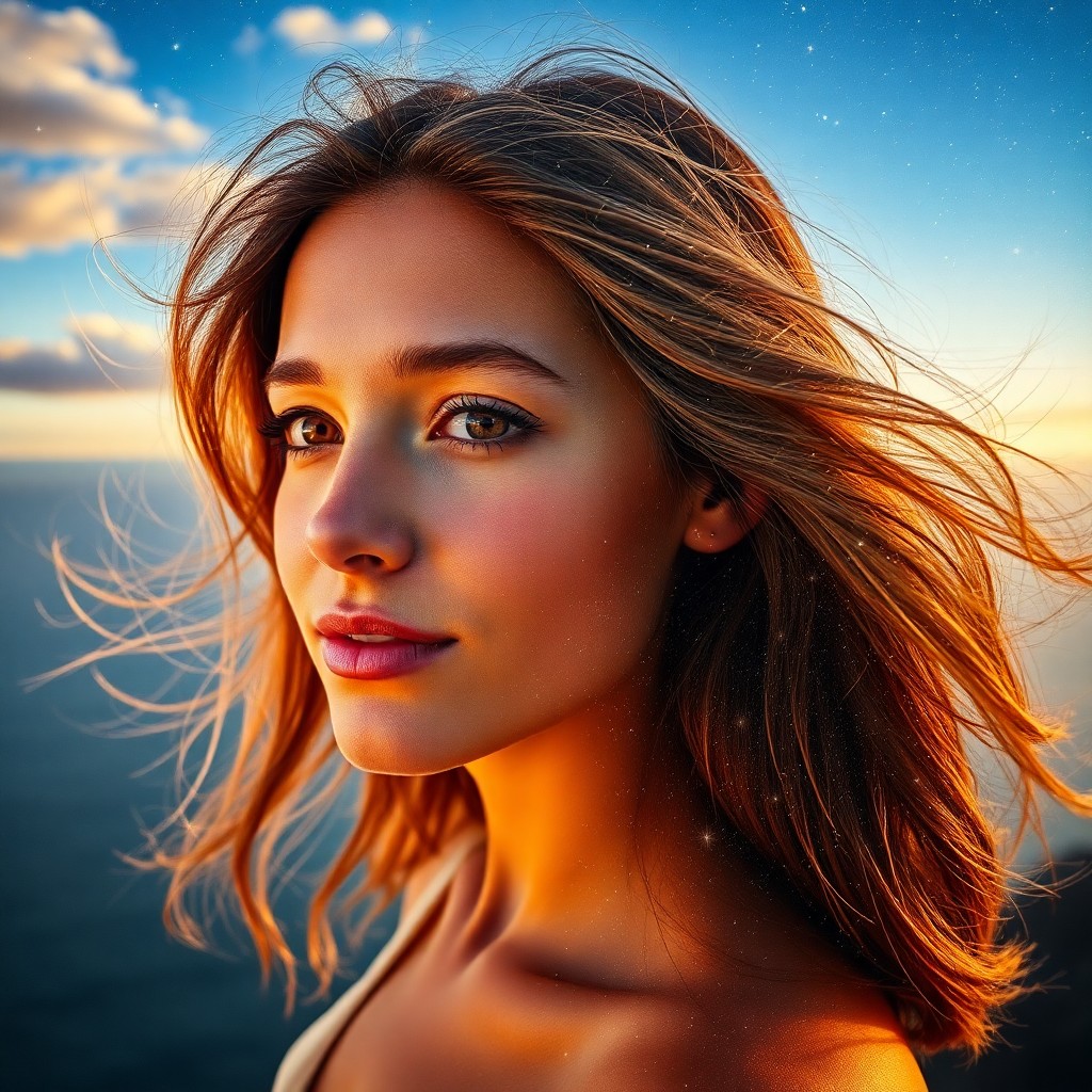 AI generated art for prompt: A breathtaking double exposure portrait features a young woman with sun-kissed hair, gently blowing 