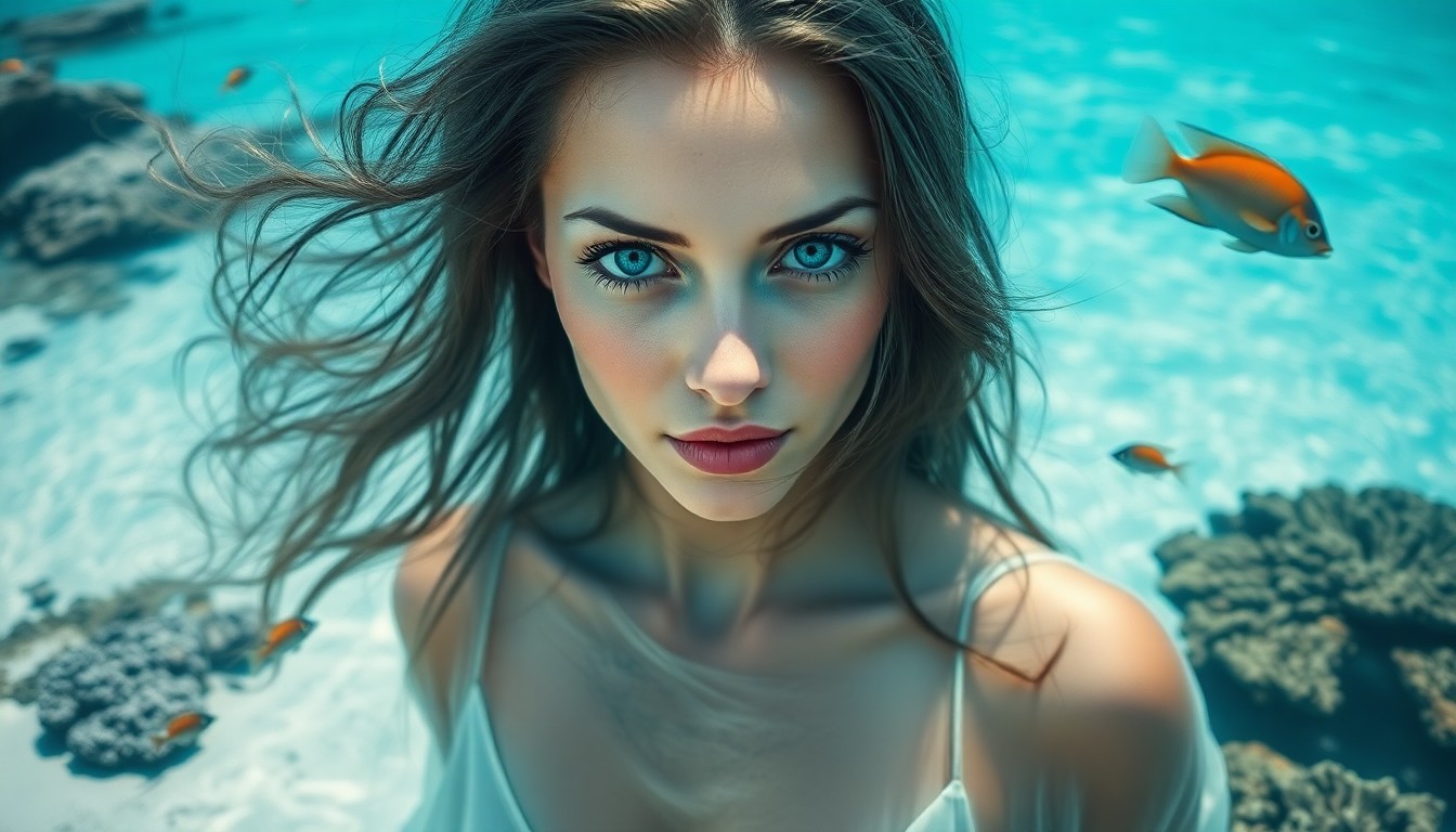 AI generated art for prompt: A captivating portrait photograph showcases an enigmatic woman with piercing blue eyes and long, flo