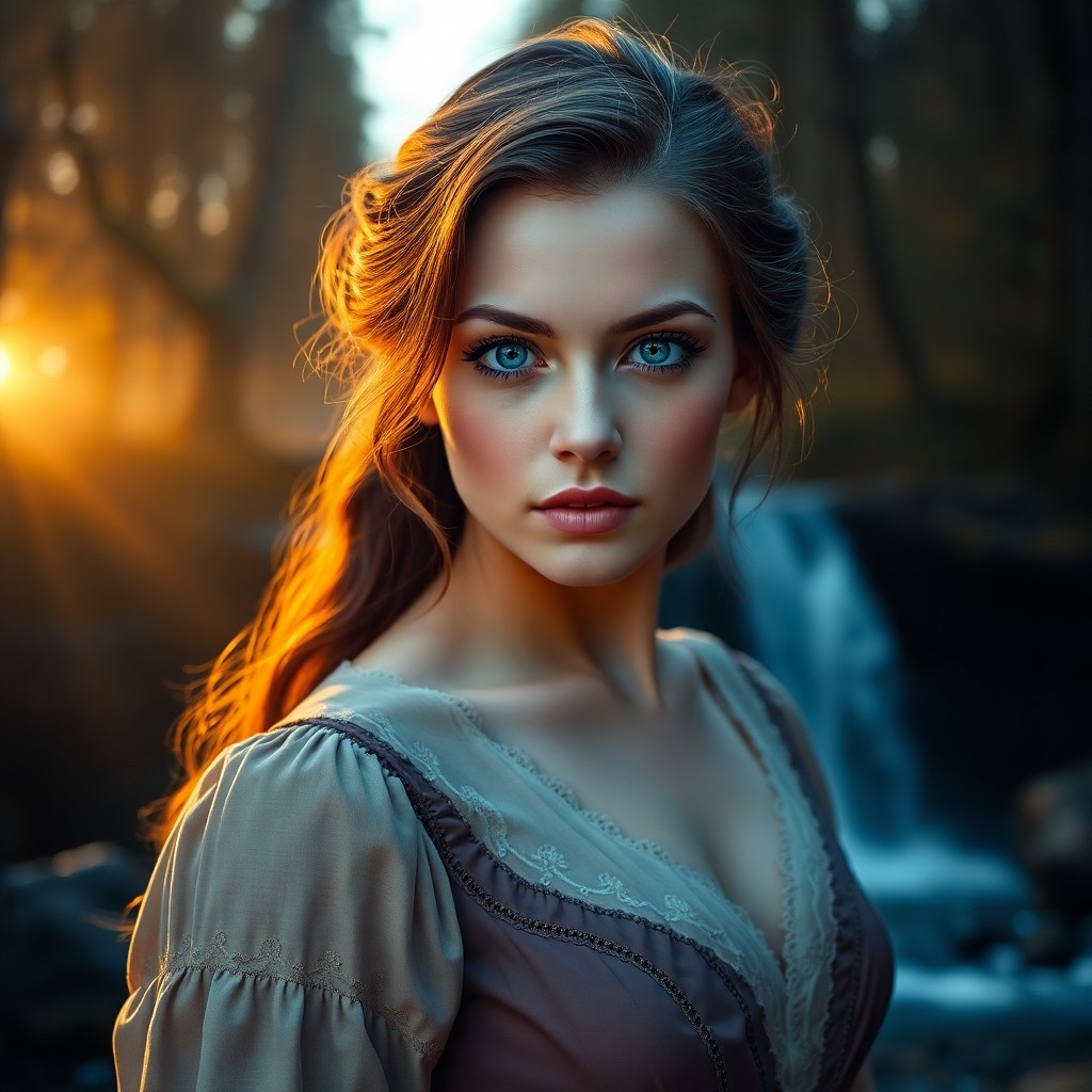 AI generated art for prompt: A captivating portrait photograph presents a woman with intense blue eyes that draw you in. She wear