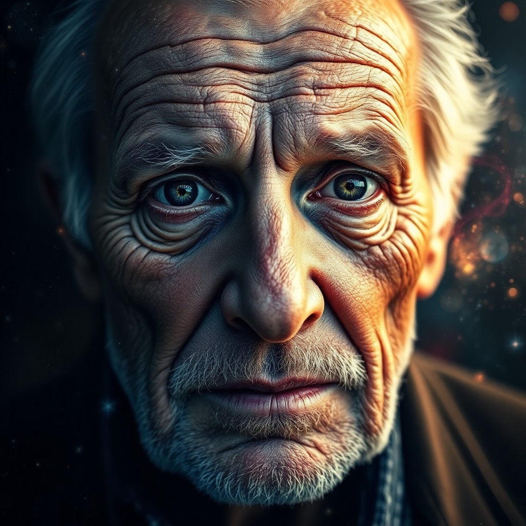 AI generated art for prompt: Create a captivating double exposure portrait of an elderly man with intense, deep-set eyes and a ru