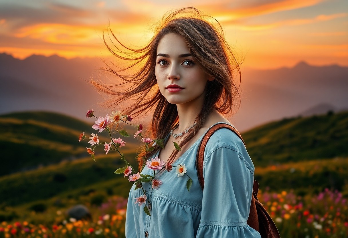 AI generated art for prompt: A photorealistic portrait depicts a free-spirited wanderer, showcasing a young woman with windblown 