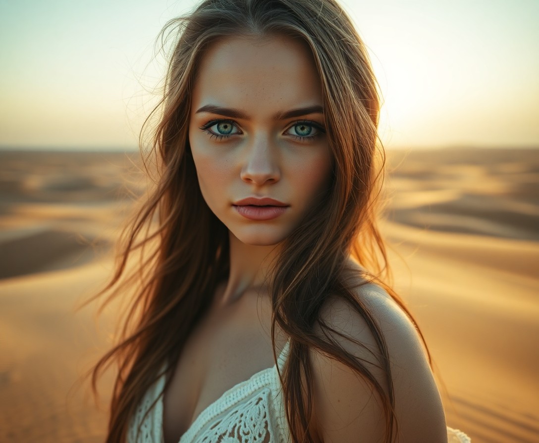 AI generated art for prompt: In this photorealistic portrait captured with a mirrorless camera, a young woman stands amidst a sea