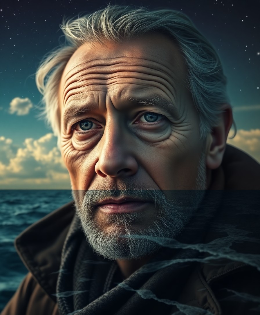 AI generated art for prompt: Craft a photorealistic double exposure portrait showcasing an experienced sailor with wisdom etched 