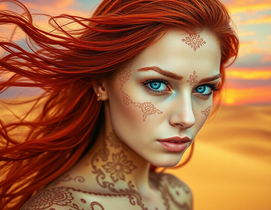 AI generated art for prompt: A serene young woman with piercing blue eyes and flowing red hair graces this intricately detailed p