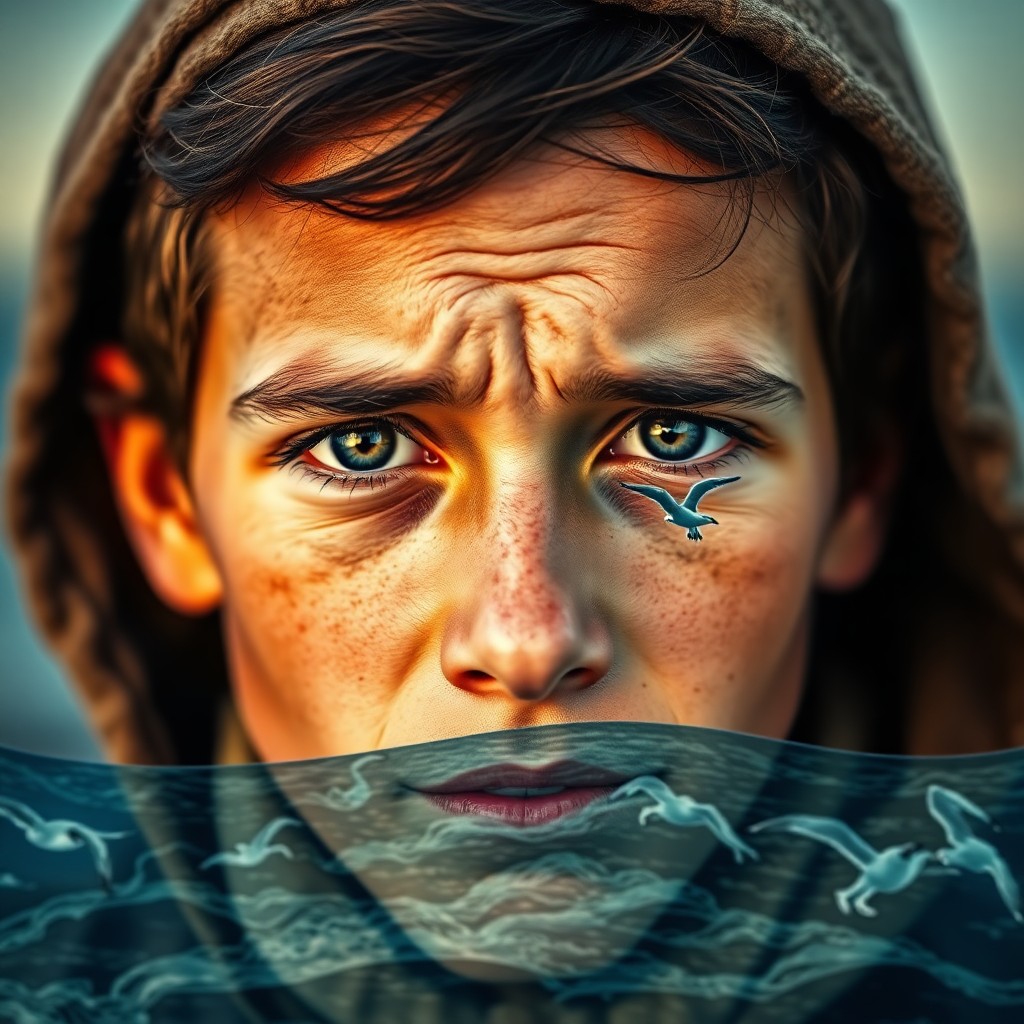 AI generated art for prompt: Craft a double exposure portrait featuring a seasoned shipwreck explorer, his weathered visage etche