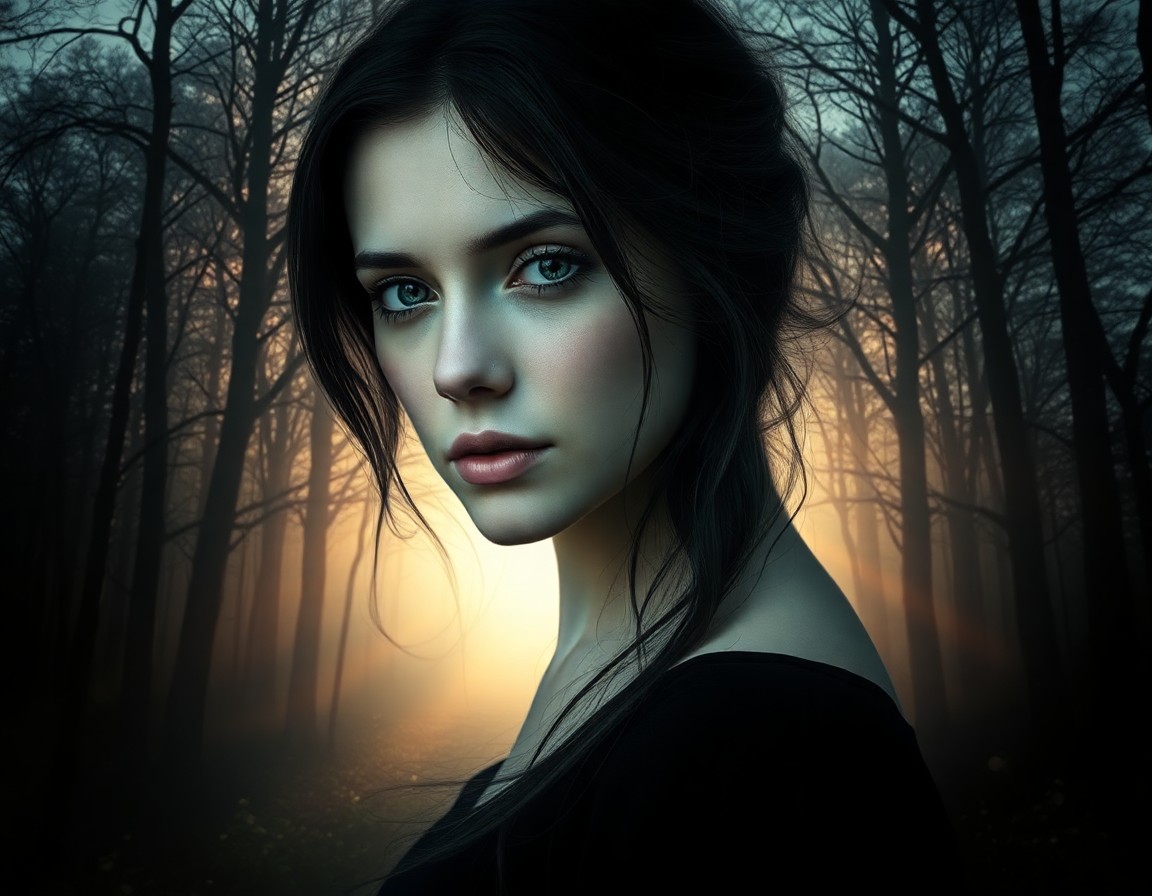 AI generated art for prompt: A hauntingly beautiful digital portrait showcases an enigmatic woman with cascading dark hair and pi