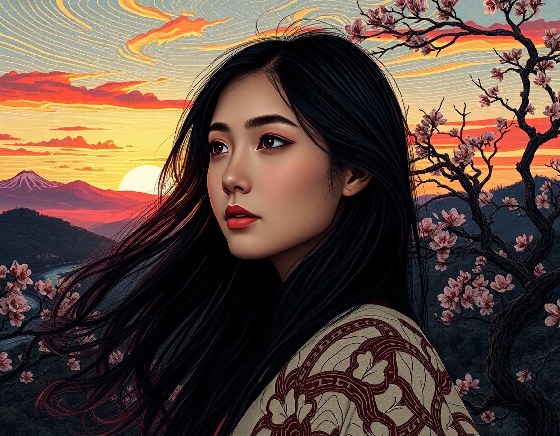 AI generated art for prompt: A photorealistic portrait photograph seamlessly blends serene dusk landscapes with intricate lines a