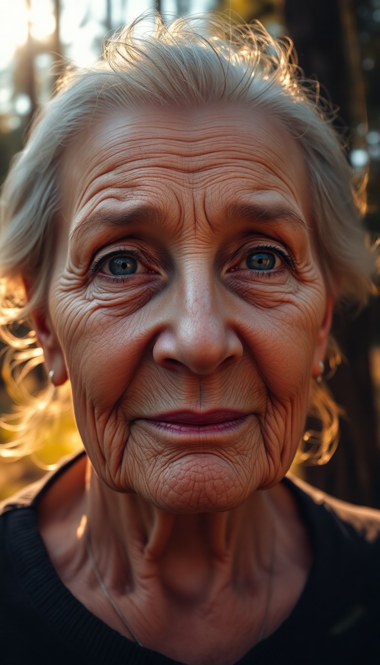 AI generated art for prompt: An elderly woman's portrait reveals soft wrinkles gracefully merging into a radiant tapestry bathed 