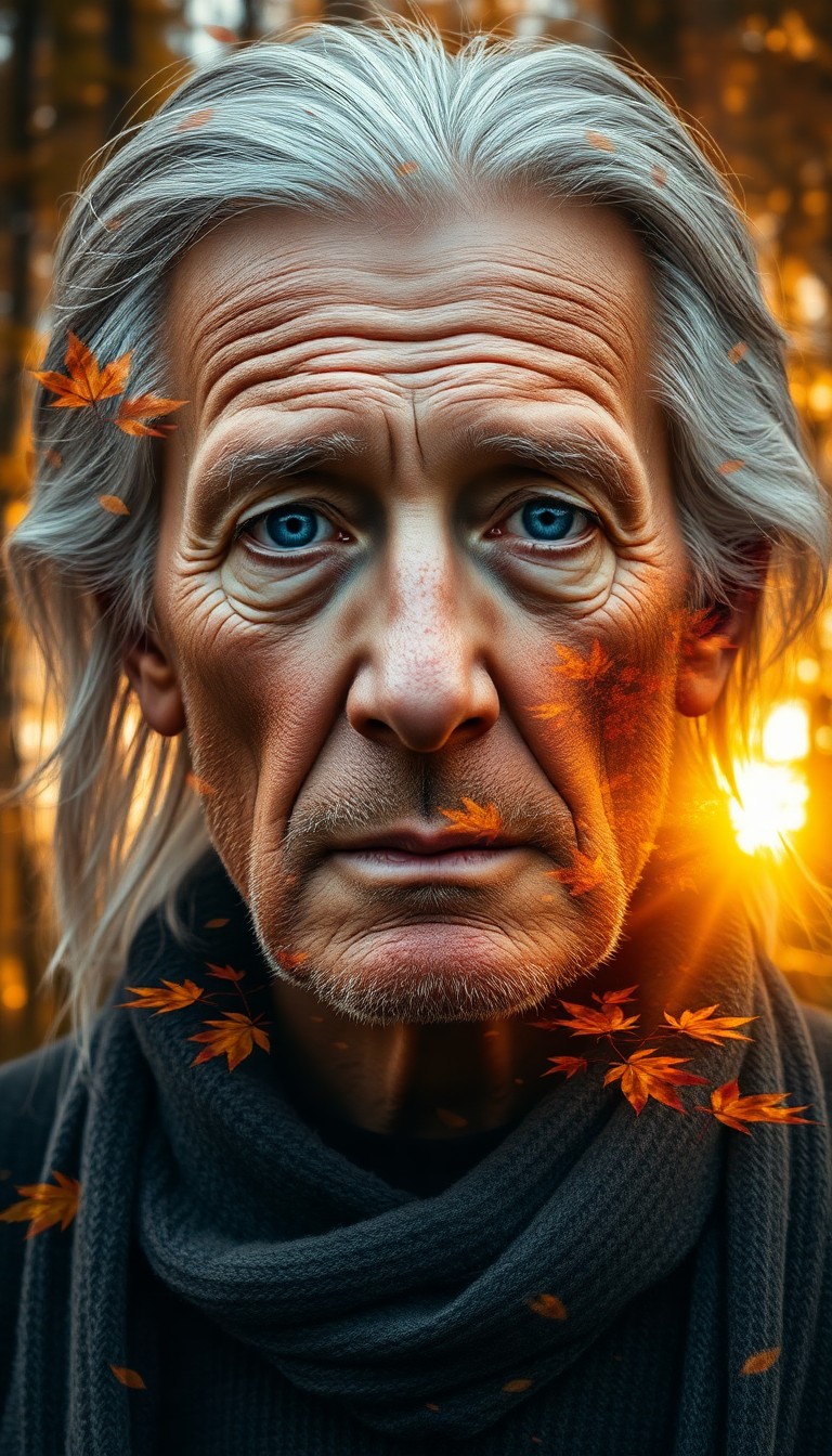 AI generated art for prompt: Craft a photorealistic double exposure portrait showcasing an elderly man with deeply etched wrinkle