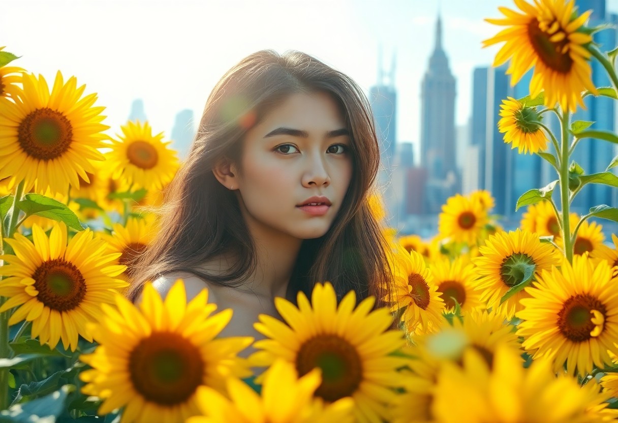 AI generated art for prompt: A young woman with cascading locks of hair sits amid a sea of vibrant sunflowers in full bloom. Her 