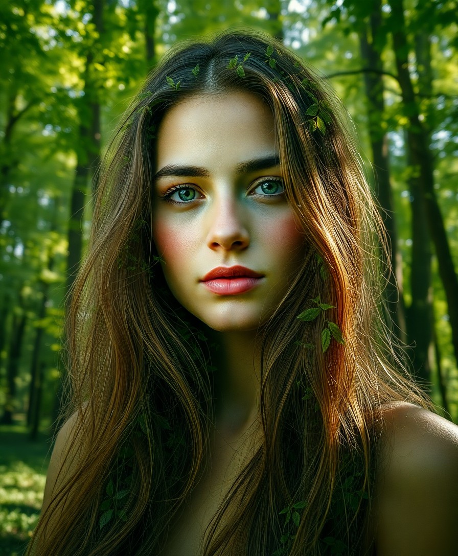 AI generated art for prompt: Create a photorealistic portrait of a young woman with cascading locks merging into a verdant forest