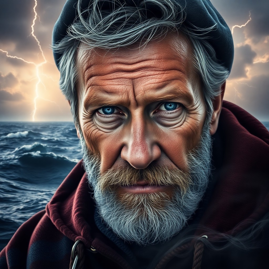 AI generated art for prompt: Craft a photorealistic portrait of an experienced sailor with piercing blue eyes and rugged features