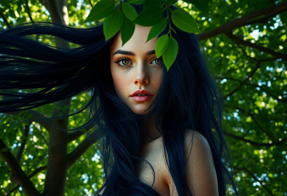 AI generated art for prompt: A photorealistic portrait showcases an enigmatic woman with flowing hair in deep indigo hues, her go