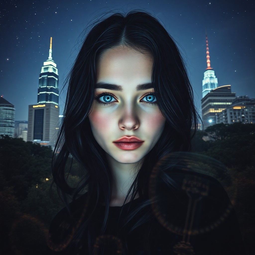 AI generated art for prompt: A captivating double exposure portrait reveals a young woman with striking blue eyes and long, wavy 