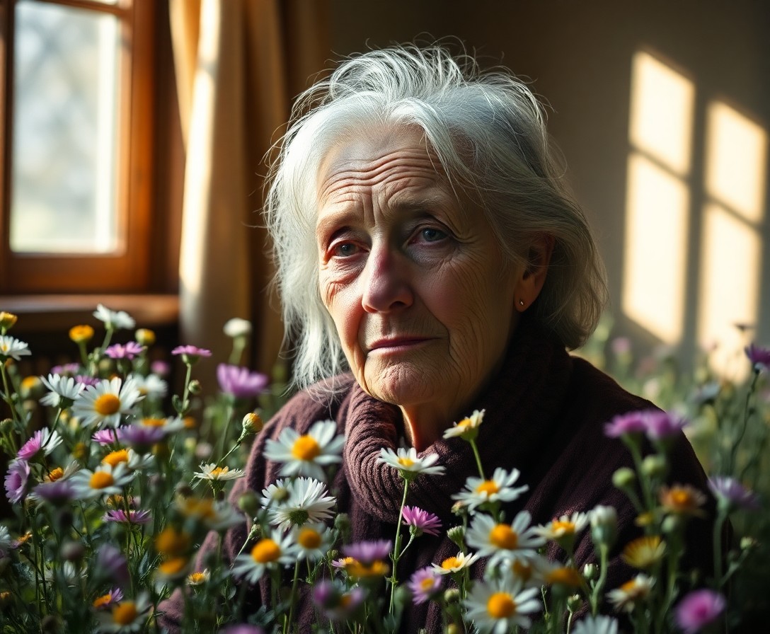 AI generated art for prompt: An elderly woman with deep wrinkles and wise eyes sits amidst a vibrant field of wildflowers in a di