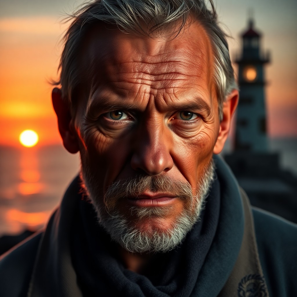 AI generated art for prompt: A portrait photograph depicts a seasoned fisherman with an enigmatic gaze, his countenance partially