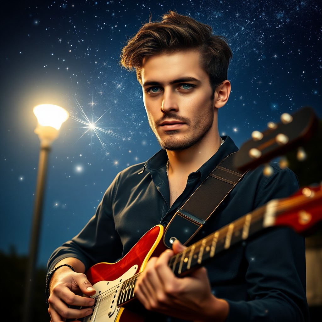 AI generated art for prompt: A captivating double exposure portrait showcases a confident male musician entangled with the cosmic