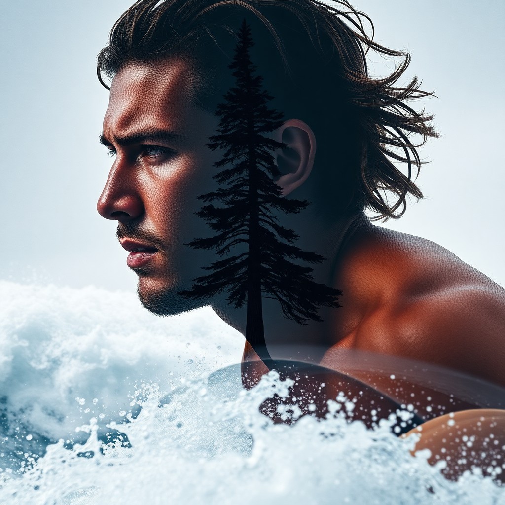 AI generated art for prompt: Construct a captivating double exposure portrait of a resolute surfer in motion, their chiseled feat