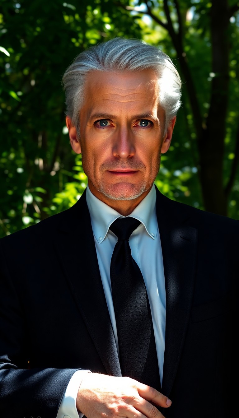 AI generated art for prompt: A portrait photograph showcases a distinguished gentleman with striking silver hair and piercing blu