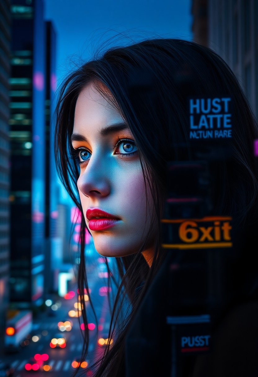 AI generated art for prompt: A captivating double exposure portrait showcases a pensive young woman with striking blue eyes gazin