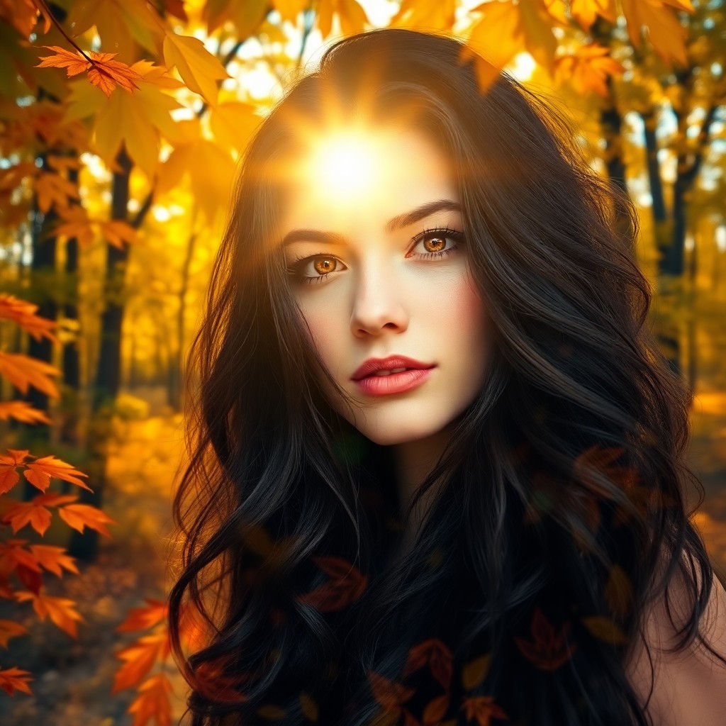 AI generated art for prompt: A captivating portrait showcases a young woman with mesmerizing amber eyes and cascading raven hair,