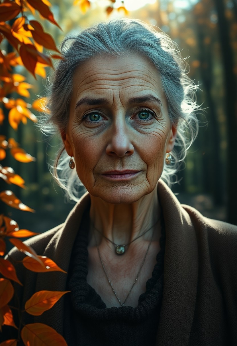 AI generated art for prompt: A portrait photograph portrays an enigmatic woman of advanced years standing at a forest's edge, her