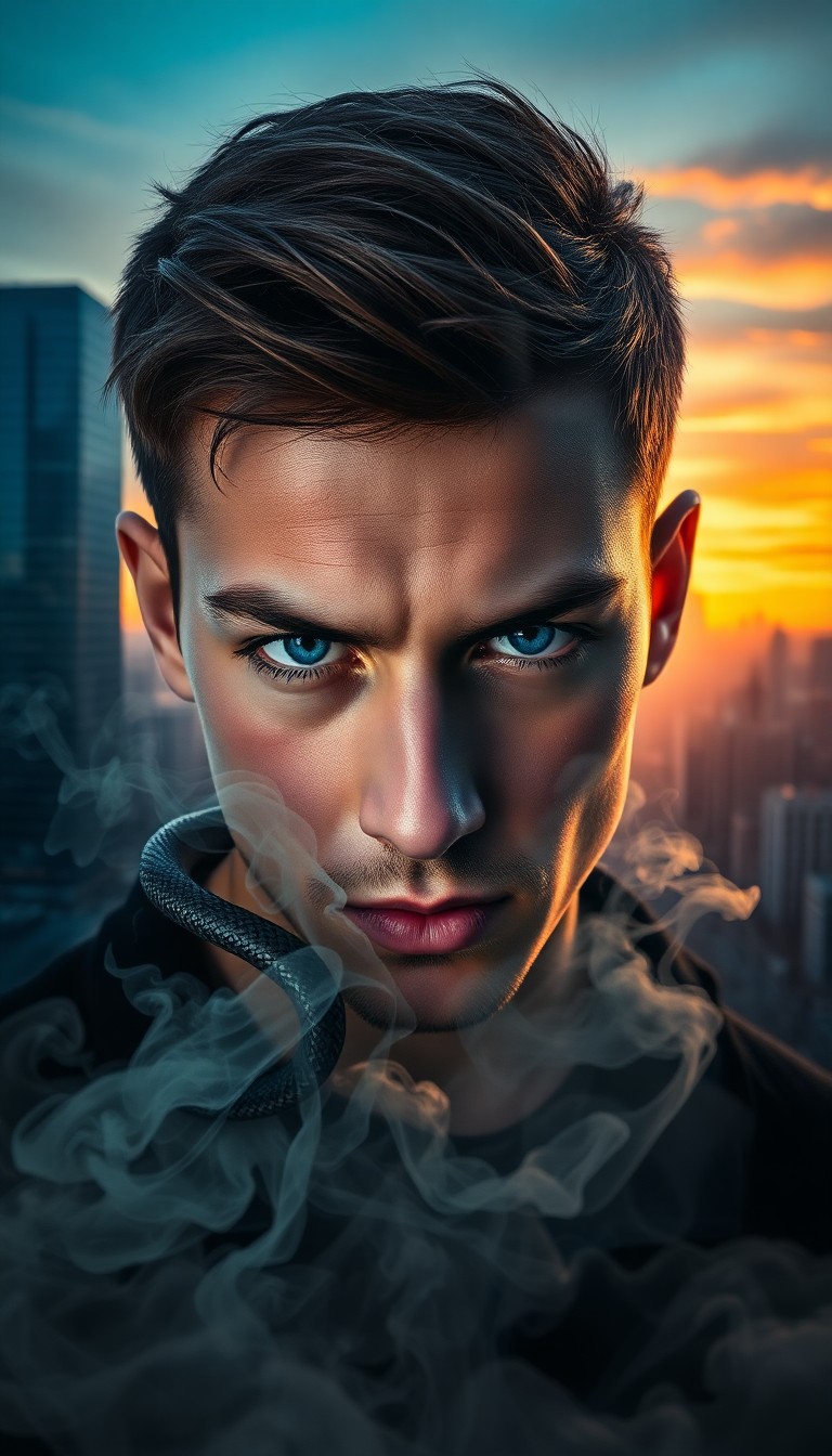 AI generated art for prompt: A captivating double exposure portrait reveals an intense young man with piercing blue eyes; his fac