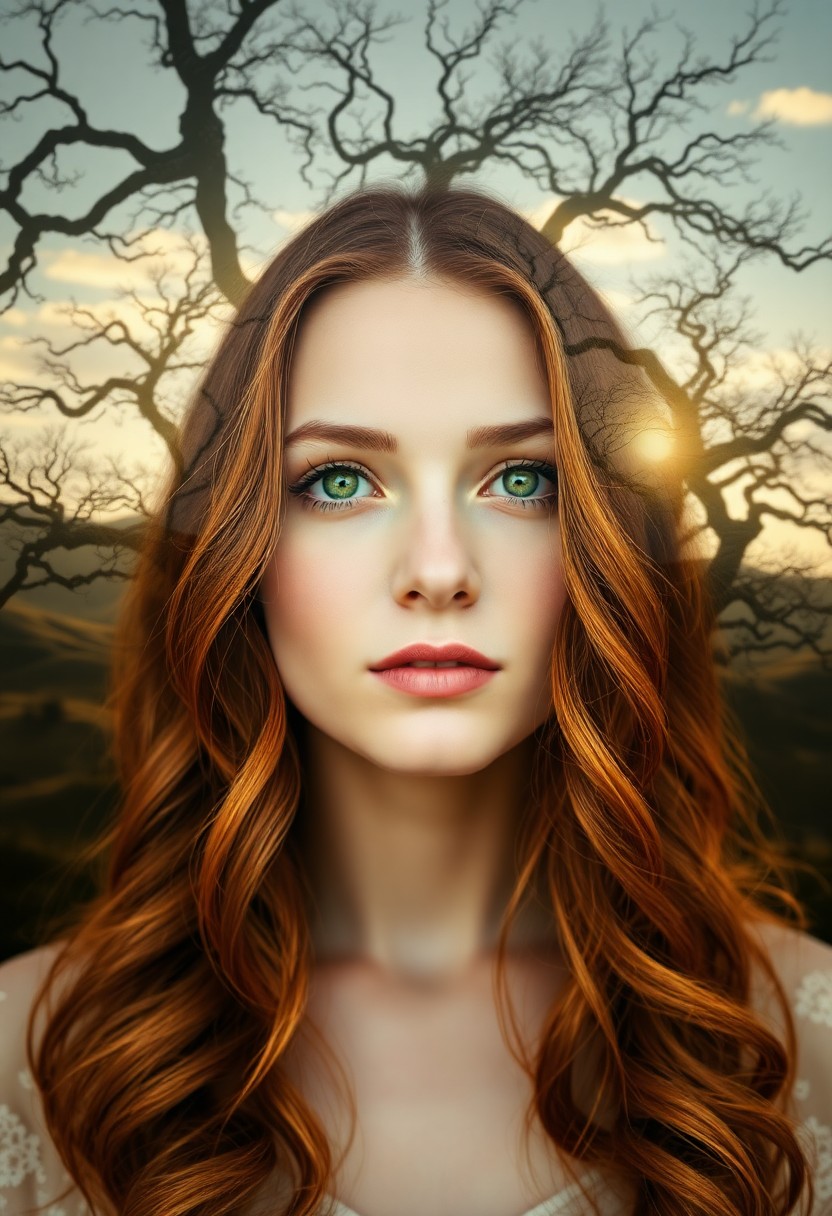 AI generated art for prompt: A photorealistic portrait photograph captures a young woman with captivating green eyes and cascadin