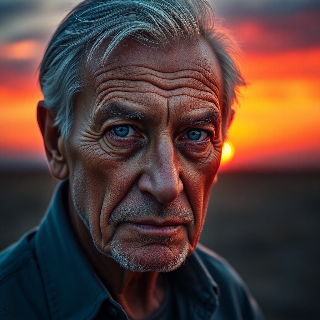 AI generated art for prompt: Envision a DSLR portrait seamlessly merging an older man with the vibrant sunset sky's hues. With in