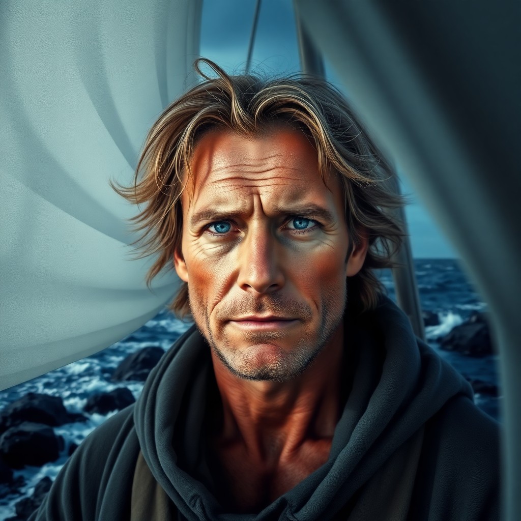 AI generated art for prompt: A photorealistic digital painting portrays a weathered sailor with sun-kissed hair and striking blue