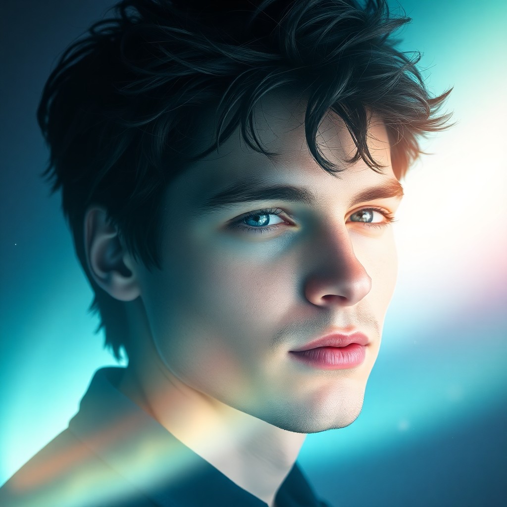 AI generated art for prompt: Craft a photorealistic double exposure portrait of a charismatic young man with piercing blue eyes a