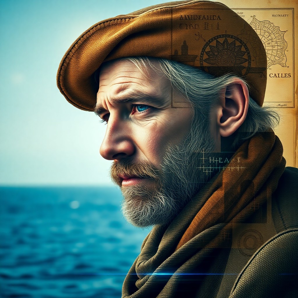 AI generated art for prompt: Craft a photorealistic digital art portrait showcasing a rugged yet gentle fisherman in double expos