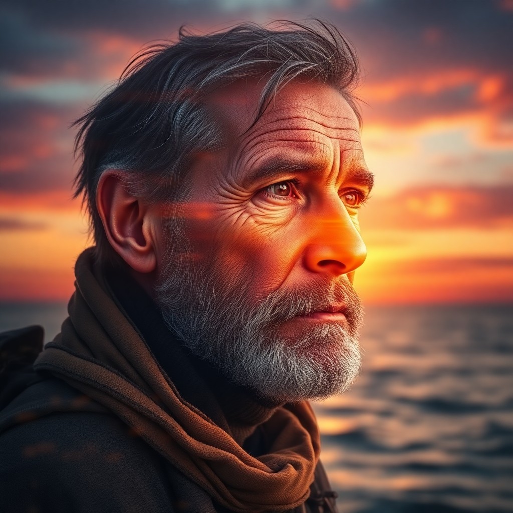 AI generated art for prompt: Craft a photorealistic double exposure portrait of an experienced shipwreck explorer with aged featu