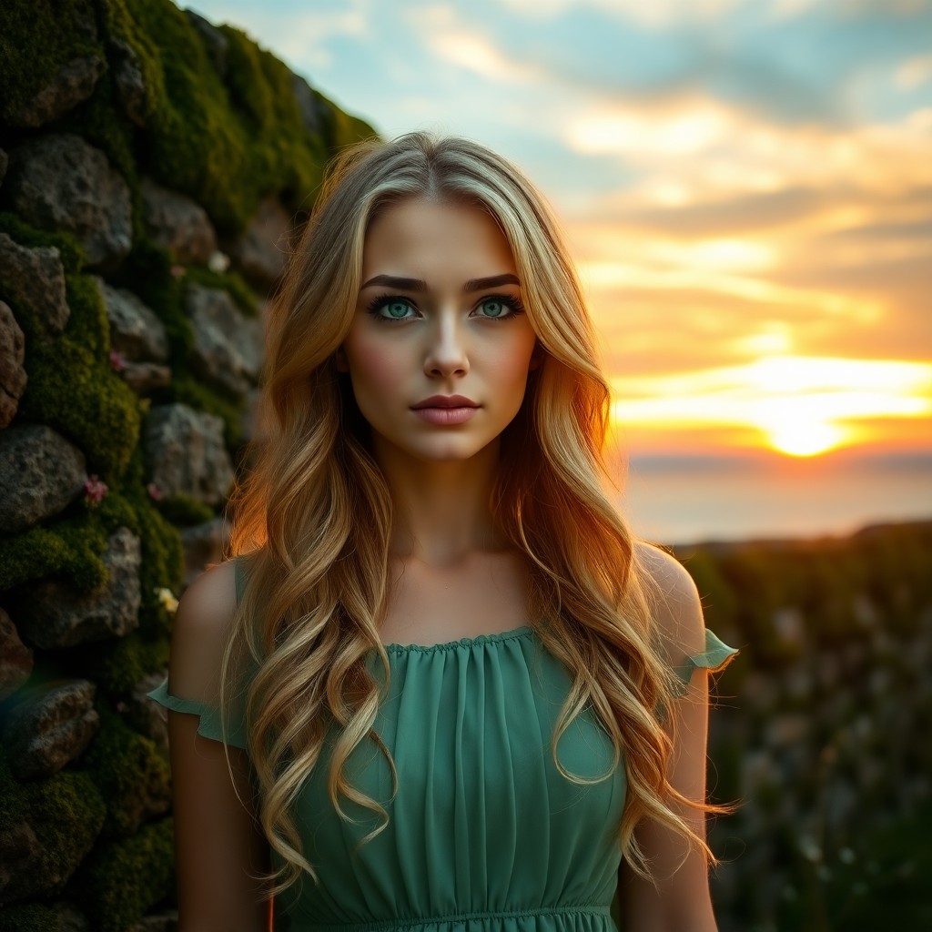 AI generated art for prompt: A captivating portrait photograph features a woman with mesmerizing emerald eyes and cascading golde