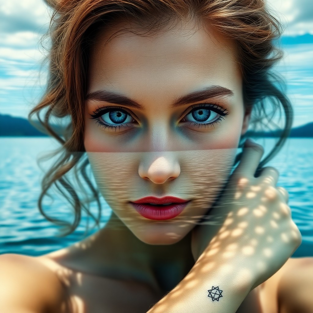 AI generated art for prompt: Craft a captivating double exposure portrait showcasing a pensive woman with striking blue eyes; her