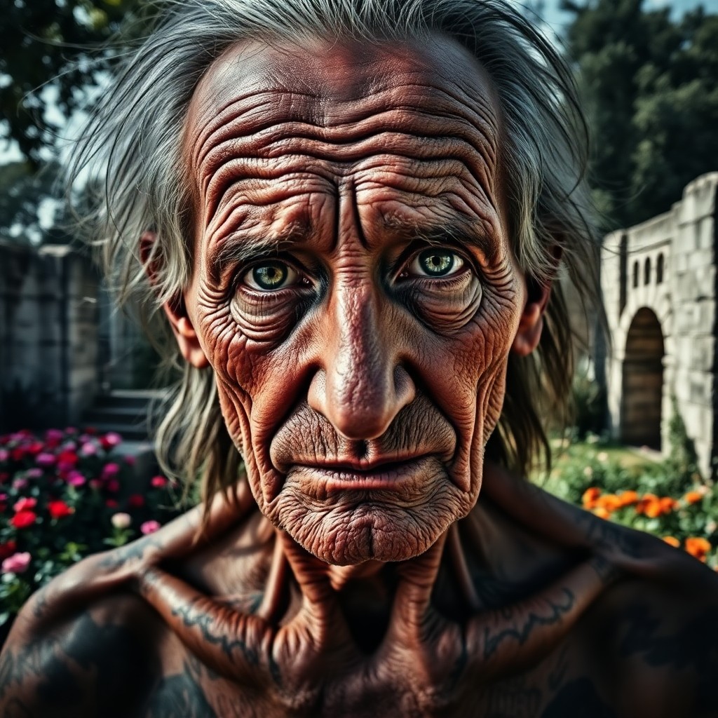 AI generated art for prompt: A portrait photograph showcases an elderly figure adorned with intricate tattoos, their weathered sk