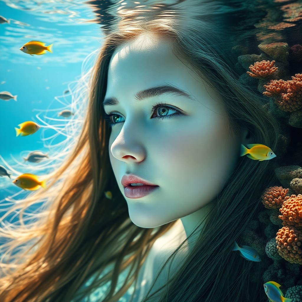 AI generated art for prompt: Create a captivating digital double exposure portrait featuring a serene young woman with long, flow