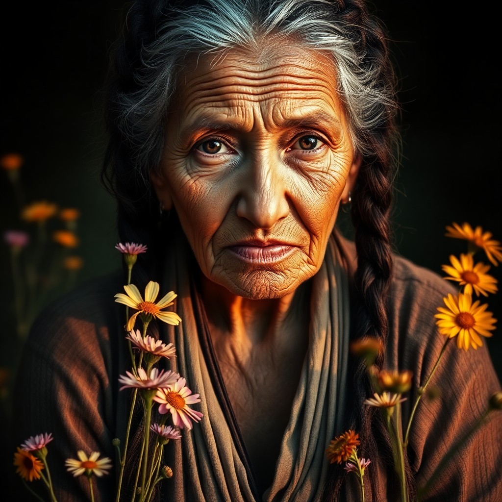 AI generated art for prompt: A captivating double exposure portrait showcases an elderly woman with a face etched by life's exper