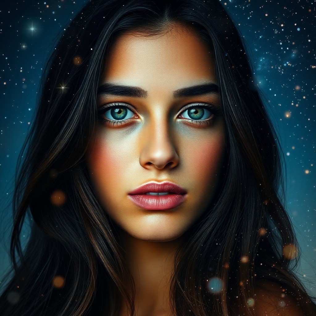 AI generated art for prompt: Envision a portrait of a serene young woman with olive skin and captivating green eyes, her long dar