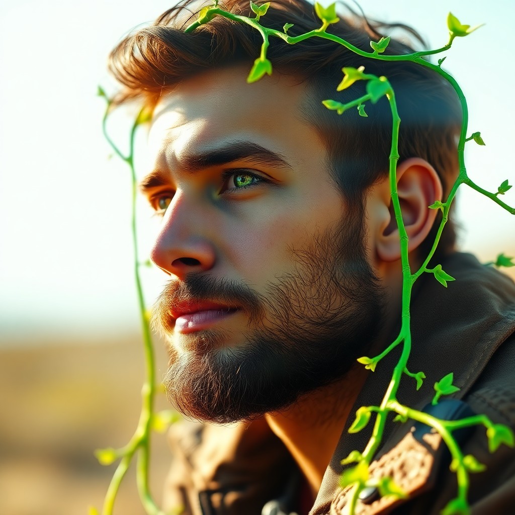 AI generated art for prompt: A young man with sun-kissed skin and a rugged beard pensively gazes into the distance, his eyes year