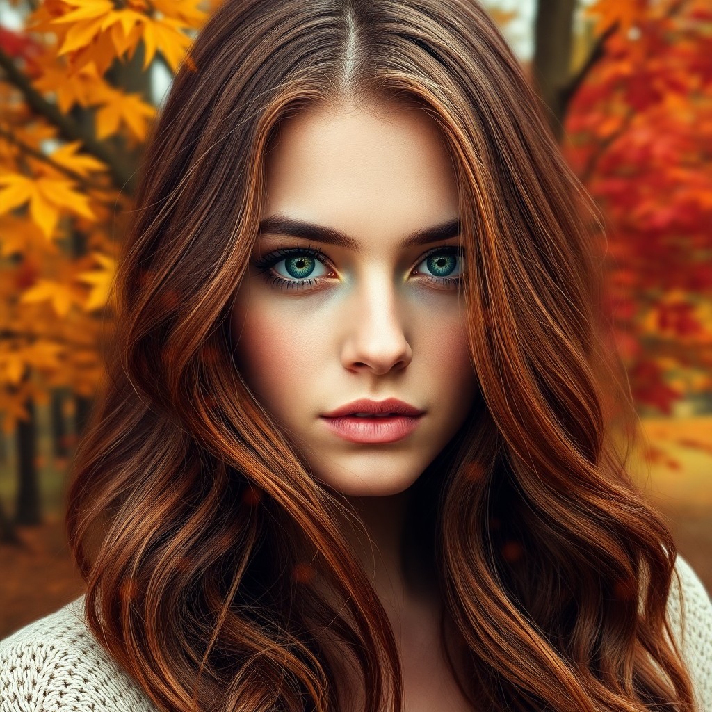 AI generated art for prompt: A photorealistic portrait photograph depicts a young woman adorned with long, wavy chestnut hair and