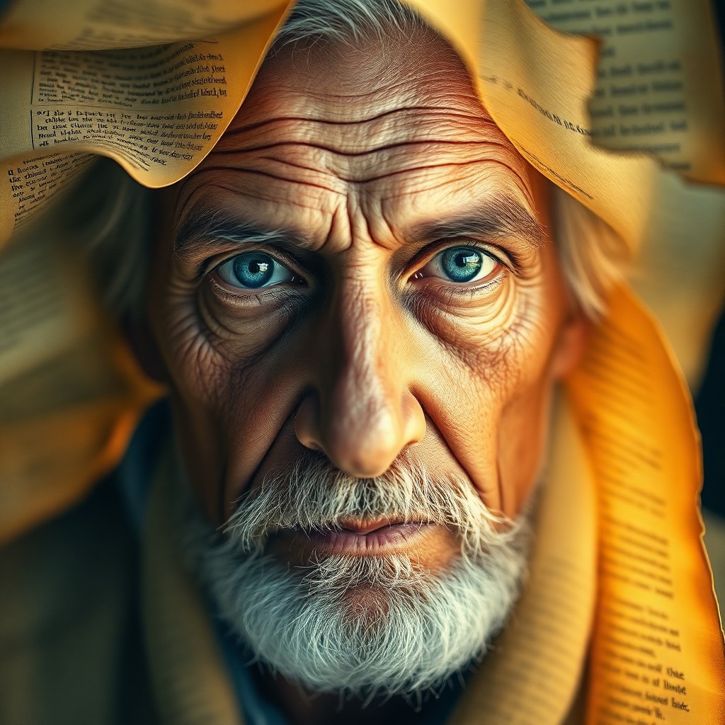 AI generated art for prompt: Craft an evocative double exposure portrait showcasing a wise elder with piercing blue eyes, embodyi