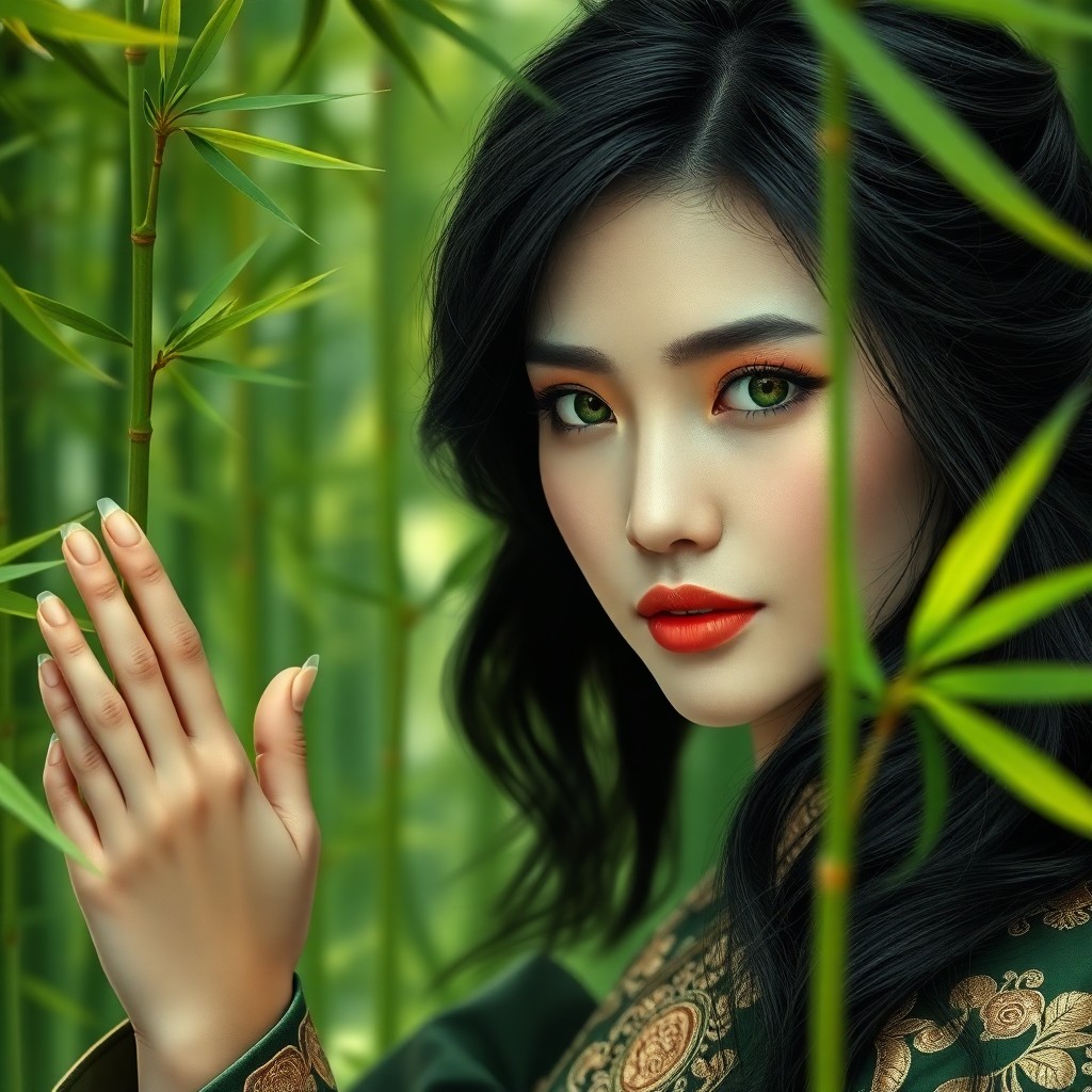 AI generated art for prompt: A photorealistic digital portrait showcases a woman with cascading raven hair and striking green eye