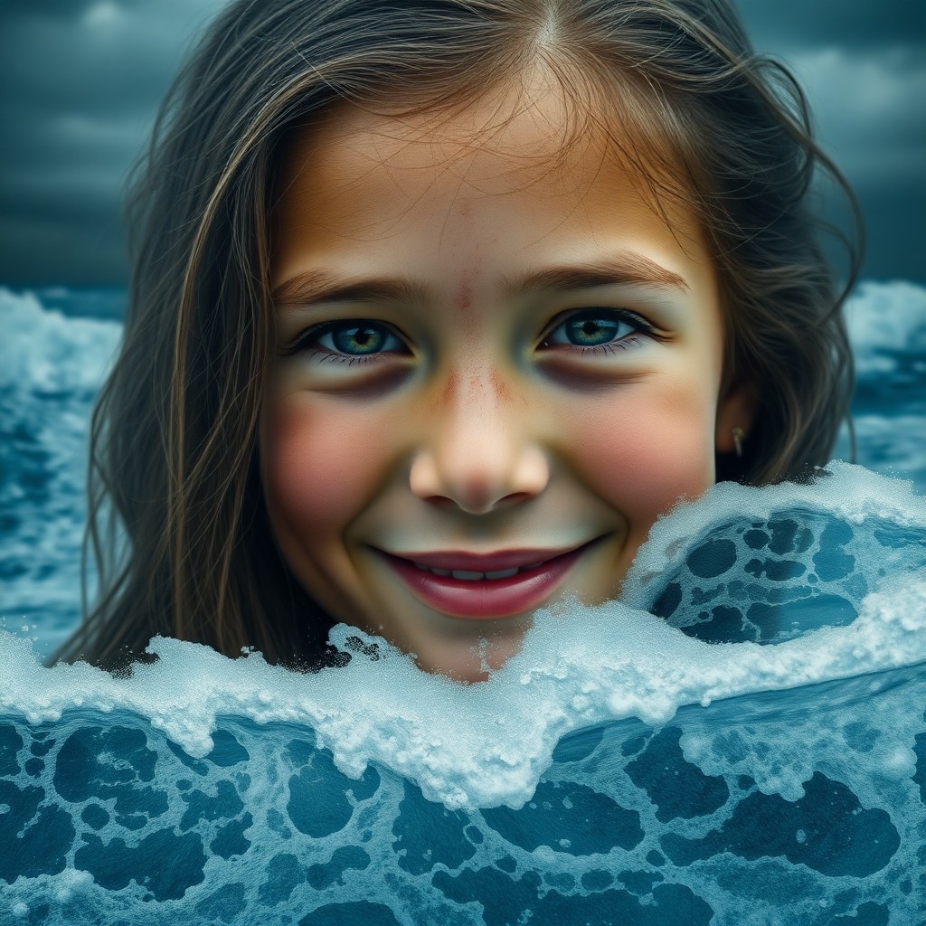 AI generated art for prompt: Craft an enigmatic photorealistic portrait of a weathered yet happy young girl amidst a stormy ocean