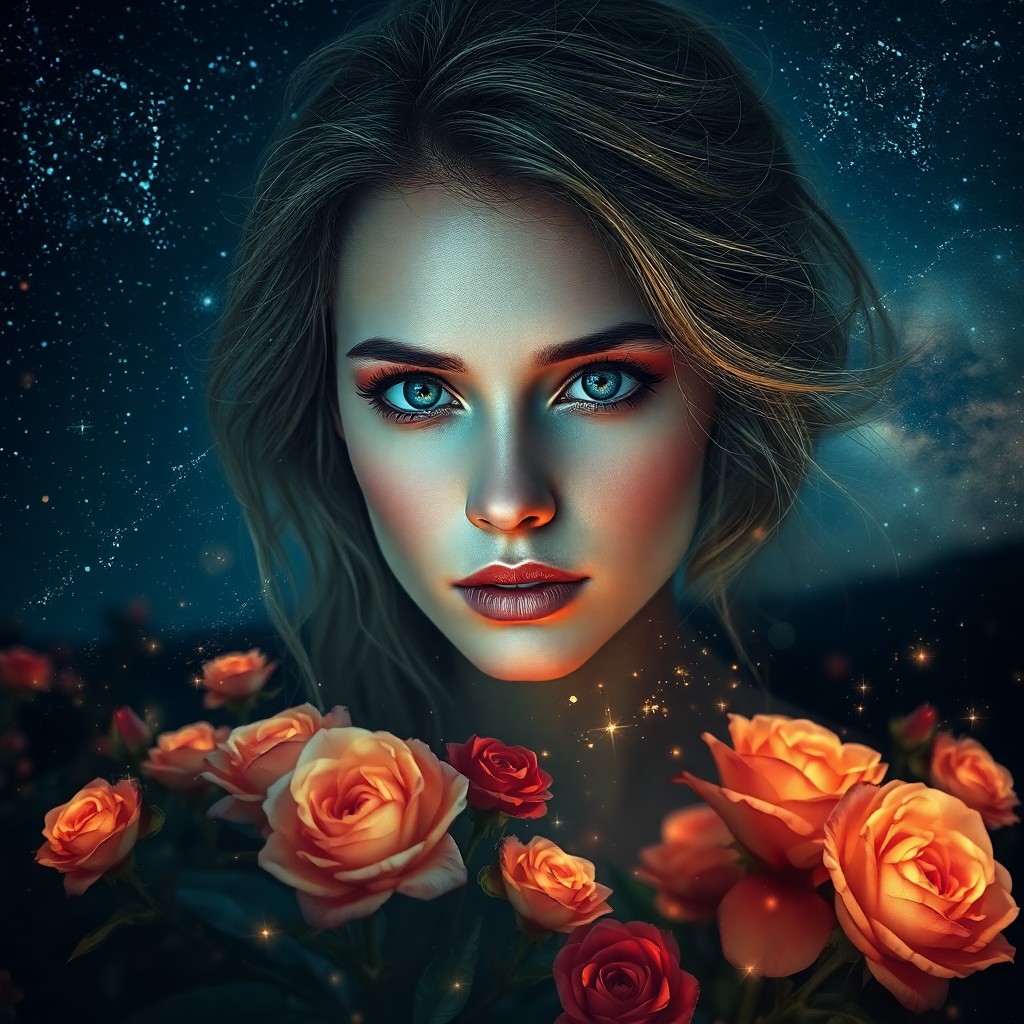 AI generated art for prompt: A hauntingly ethereal portrait of a woman with piercing blue eyes, reflecting the distant starry nig