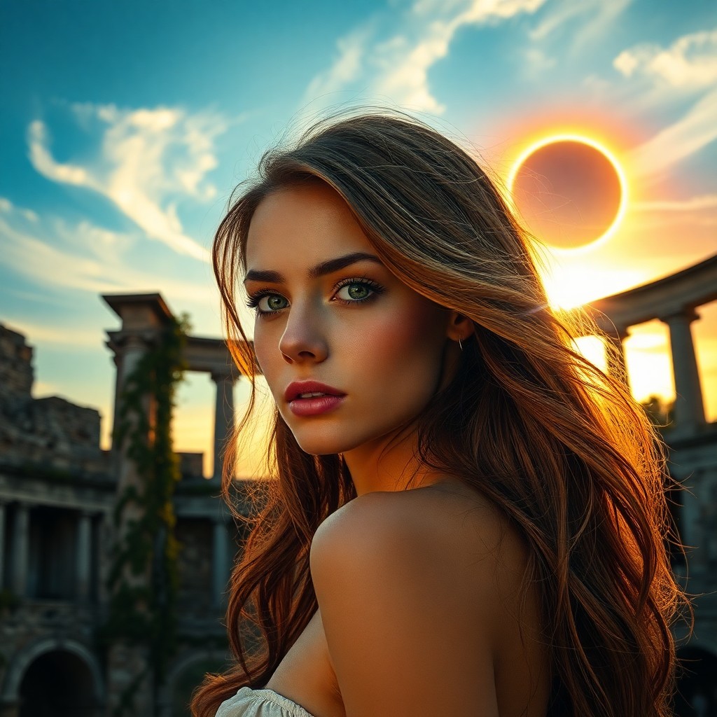 AI generated art for prompt: Amidst the sun-drenched ruins of a Roman amphitheater, a young woman with golden skin and cascading 