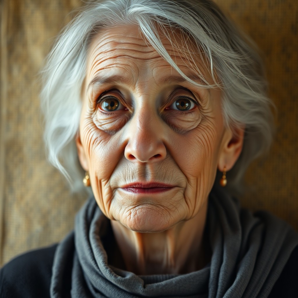 AI generated art for prompt: Imagine a photorealistic portrait of an elderly woman with silver hair framing her serene expression