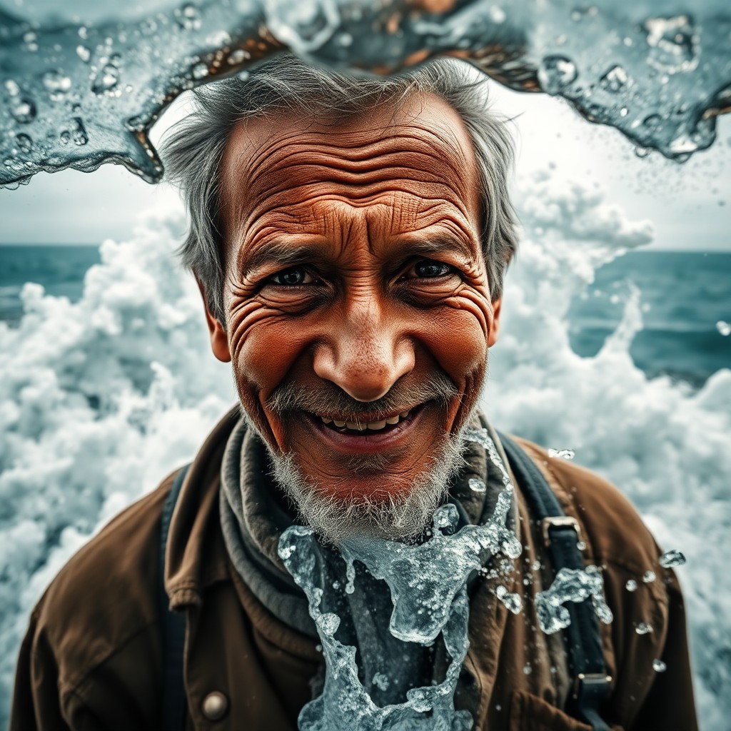 AI generated art for prompt: A captivating double exposure portrait captures an aged boy's radiant smile and intense gaze amidst 